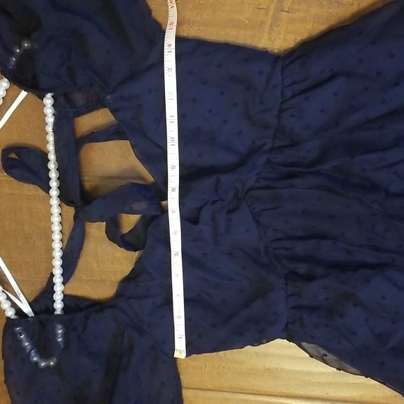 Lulus Always Delight Navy Blue Swiss Dot Puff Sleeve Open Tie Back Midi Dress - Picture 8 of 14